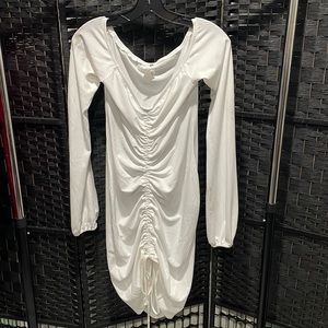 White ribbed cinch front long sleeve dress with puffy cinch sleeves droop neck